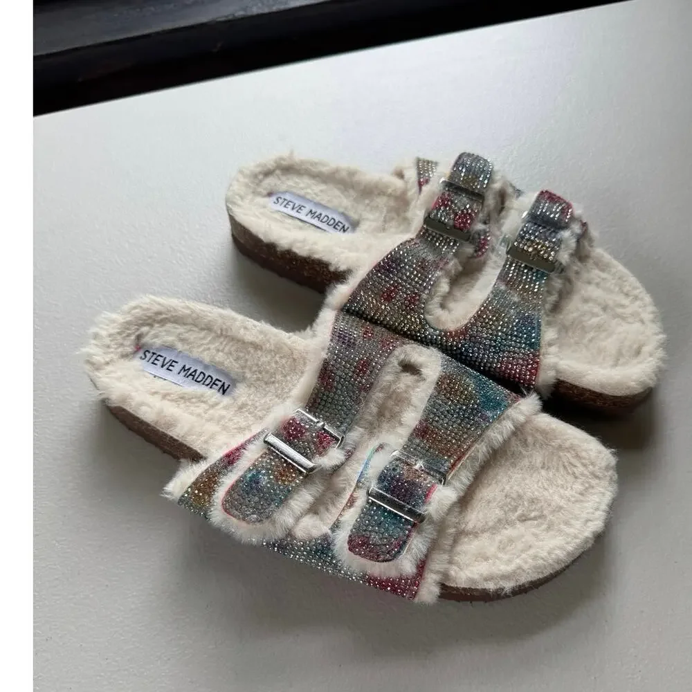 Steve Madden Girls JLEENA Tie Dye Rhinestone Faux Fur Slide Sandals - Size 4